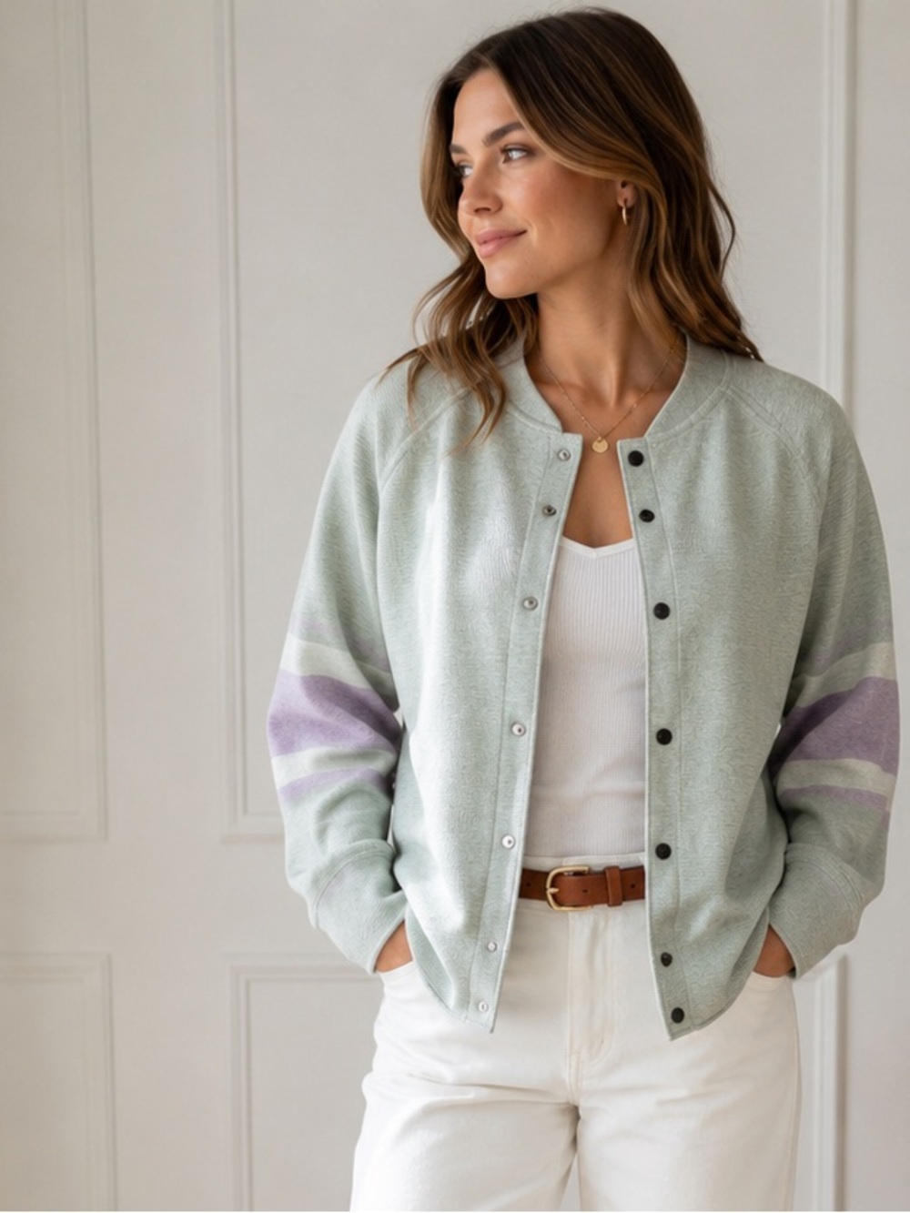 WRAP London Organic Cotton Knitted Jacket Sage Varsity Stripe Coastal Preppy
